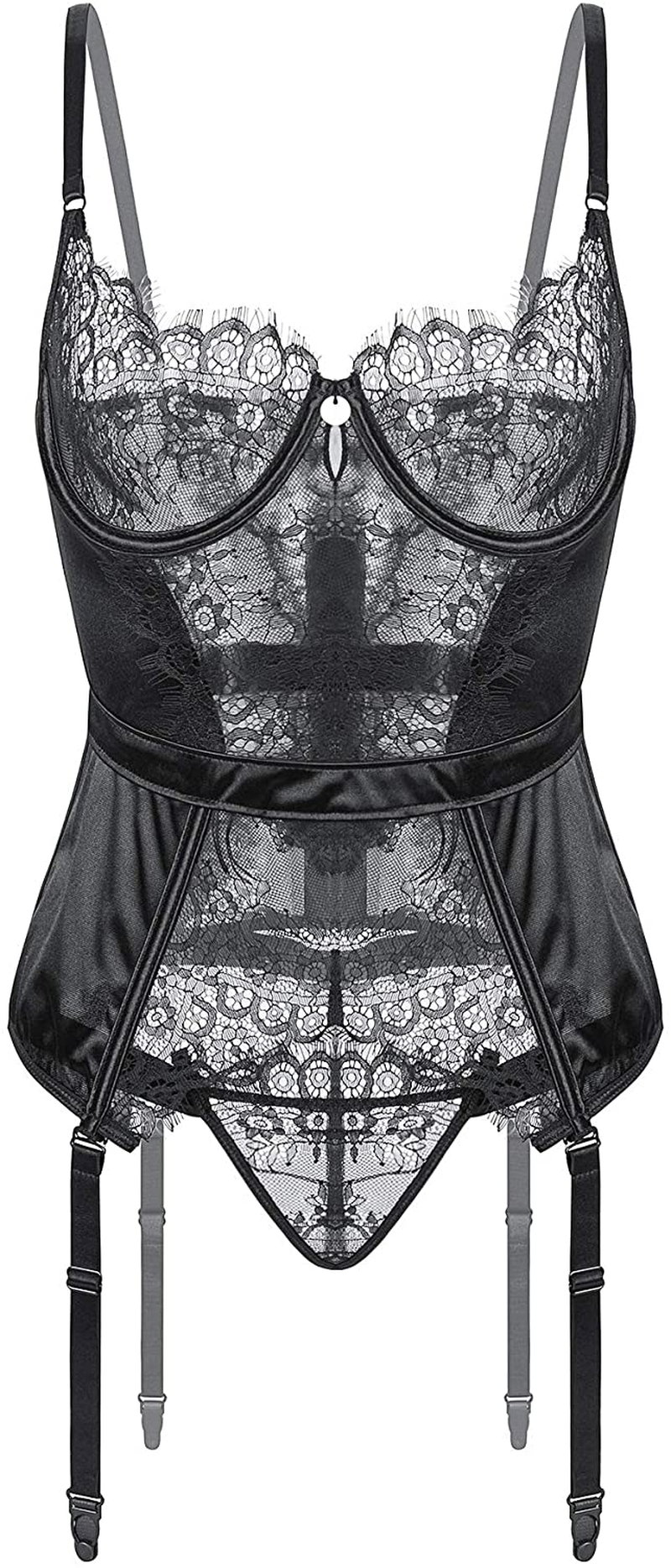 Viorsun Women'S Lingerie Bustier Corset Girdle Eyelash Lace Teddy Bodysuit Lingerie Set with Garter Belt Apparel & Accessories > Clothing > Underwear & Socks > Lingerie Viorsun Style 3: Black 2X-3X 