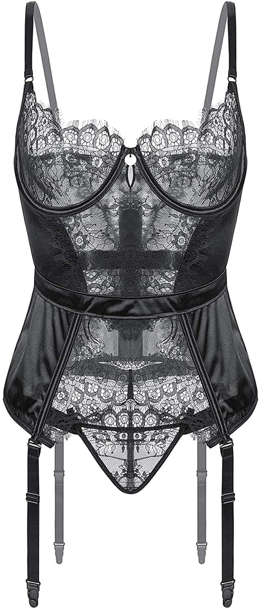 Viorsun Women'S Lingerie Bustier Corset Girdle Eyelash Lace Teddy Bodysuit Lingerie Set with Garter Belt Apparel & Accessories > Clothing > Underwear & Socks > Lingerie Viorsun Style 3: Black 2X-3X 