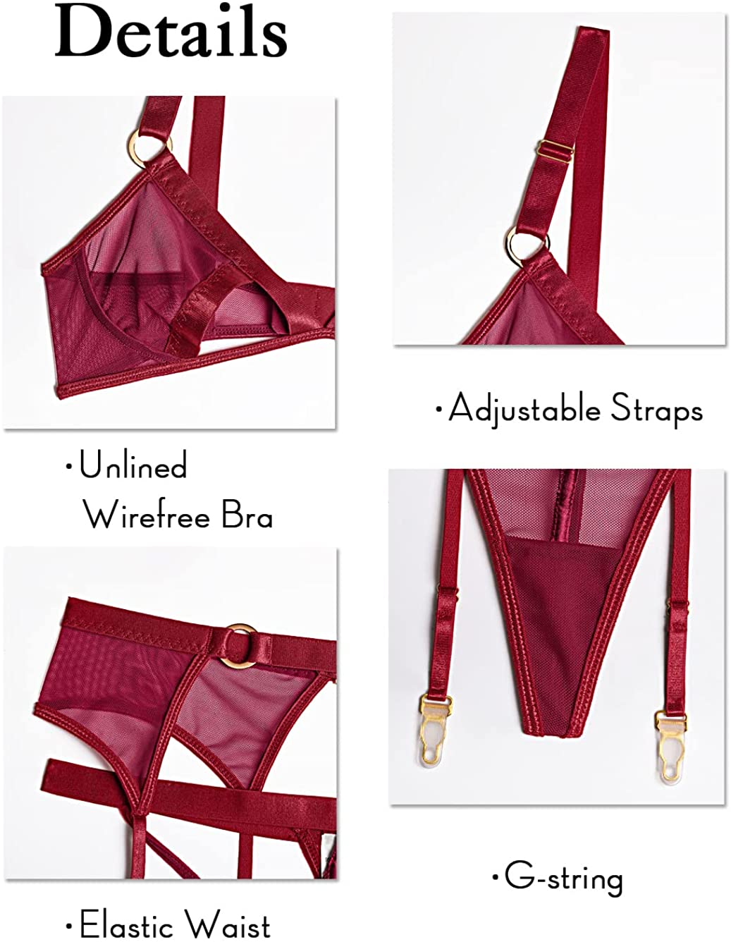 Kaei&Shi Mesh Sheer,Peekaboo Bralette,Cutout Thong,Garter Belt,3 Piece Lingerie Apparel & Accessories > Clothing > Underwear & Socks > Lingerie Kaei&Shi   