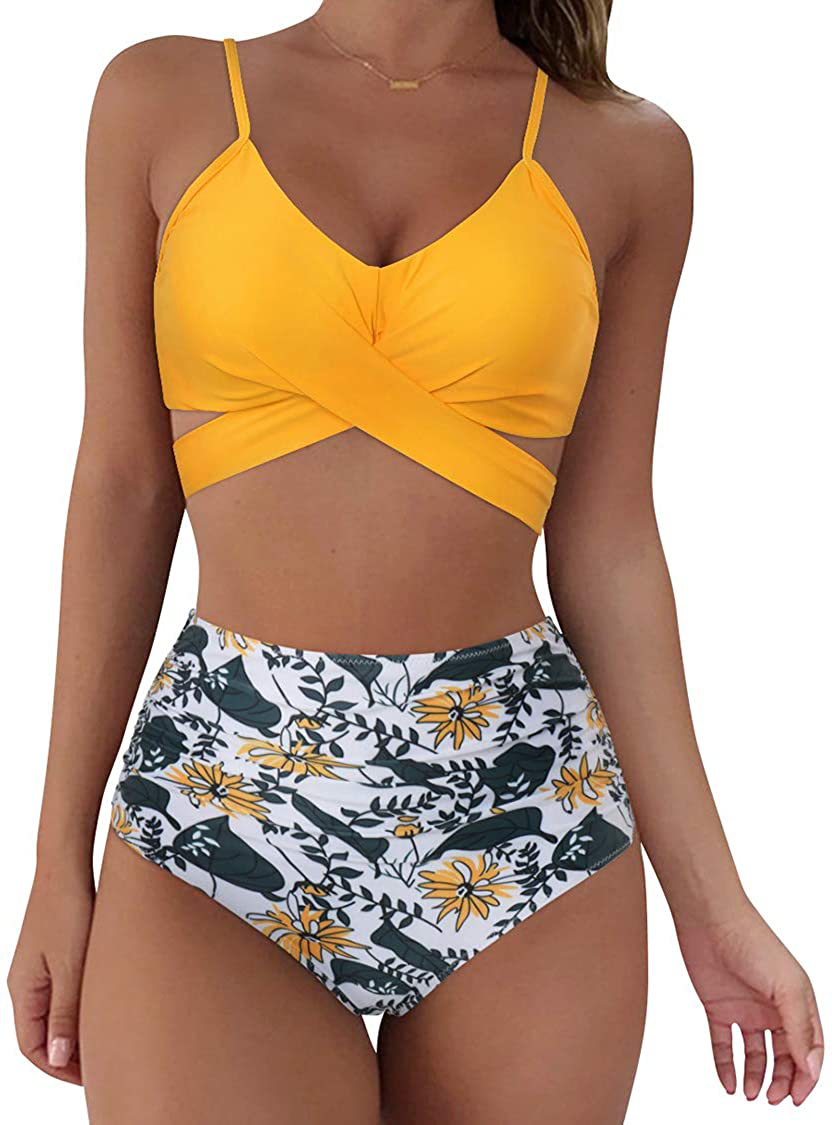 SUUKSESS Women Wrap Bikini Set Push Up High Waisted 2 Piece Swimsuits Apparel & Accessories > Clothing > Swimwear SUUKSESS 87 Yellow Floral 12-14 