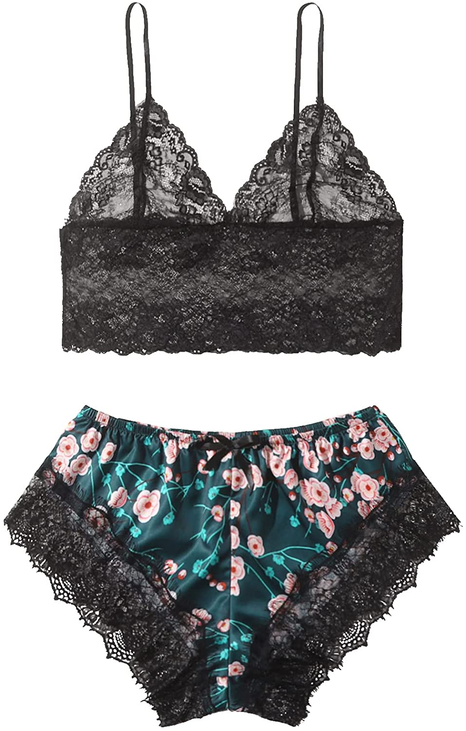 SOLY HUX Women'S plus Size Spaghetti Strap Lace Trim Bralette and Shorts Sleepwear Pajama Lingerie Set Apparel & Accessories > Clothing > Underwear & Socks > Lingerie KYLIE MAX Dark Green Floral X-Large Plus 