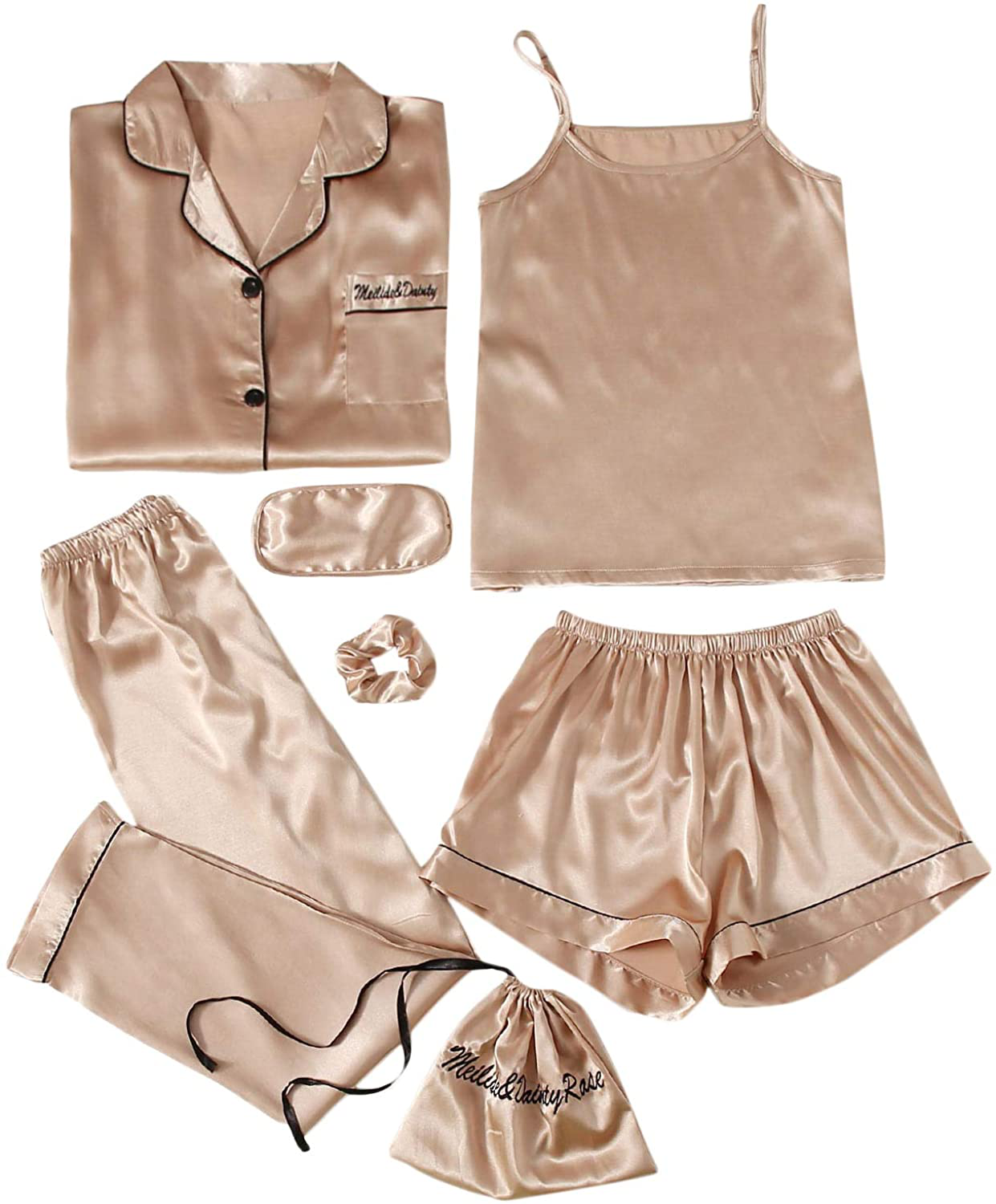 DIDK Women'S Satin 7Pcs Pajama Set Cami Pjs with Shirt and Eye Mask Sleepwear Apparel & Accessories > Clothing > Sleepwear & Loungewear Kylie Max   
