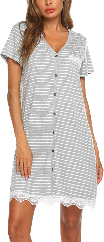Ekouaer Women'S Nightgown Striped Tee Short Sleeve Cotton Sleep Nightshirt Button down Pajama Dress S-XXXL Apparel & Accessories > Clothing > Sleepwear & Loungewear > Nightgowns Kylie Max   