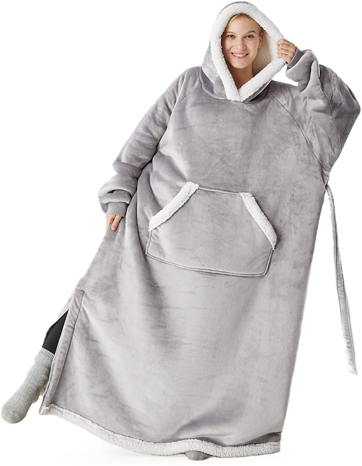 Bedsure Pink Wearable Blanket Hoodie Gift for Women- Long-Length Hooded Blanket Sweatshirt Adult with Side Split and Belt, Warm Sherpa Sweater Blanket Jacket Arts & Entertainment > Party & Celebration > Gift Giving Bedsure Grey Oversize 