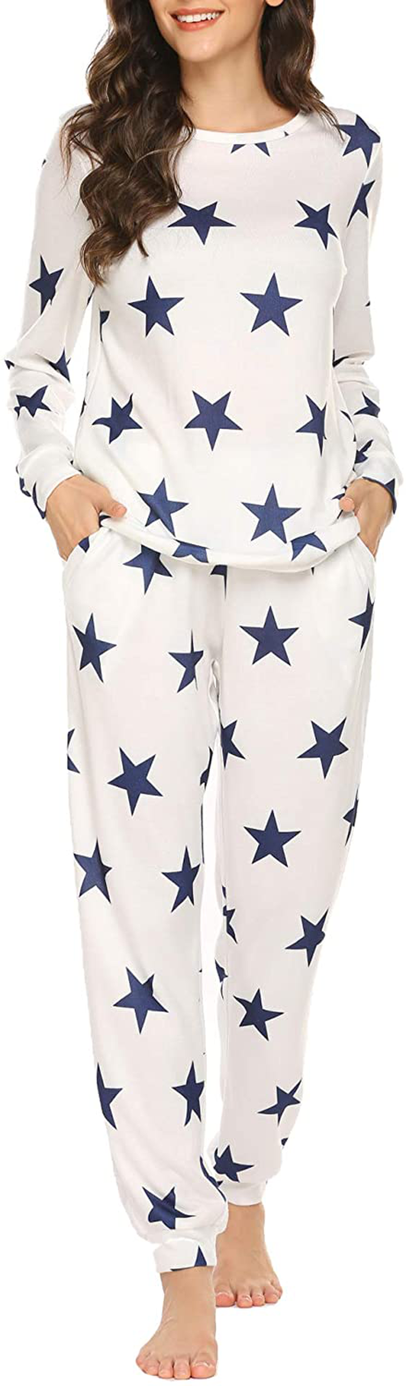 Ekouaer Womens Pajama Set Long Sleeve Sleepwear Star Print Nightwear Soft Pjs Lounge Sets with Pockets Apparel & Accessories > Clothing > Sleepwear & Loungewear > Pajamas Ekouaer A-white Blue Star Medium 