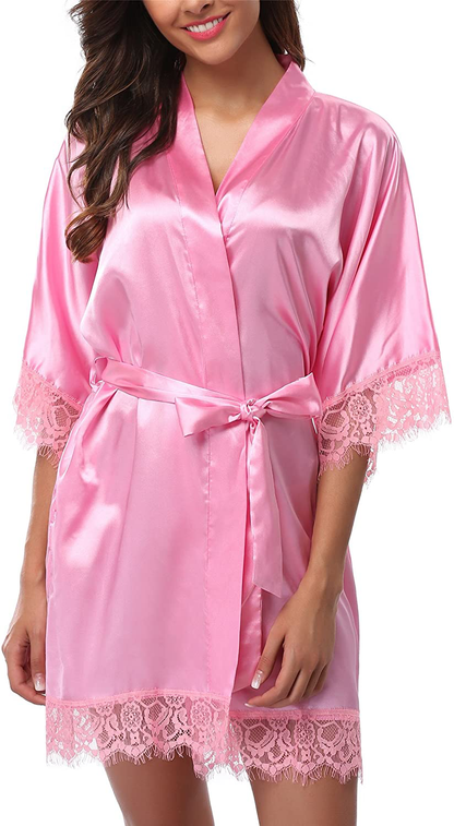 Giova Women'S Lace Trim Kimono Robe Bride Bridesmaids Wedding Shower Satin Short Robe Apparel & Accessories > Clothing > Sleepwear & Loungewear > Robes Giova Pink Medium 
