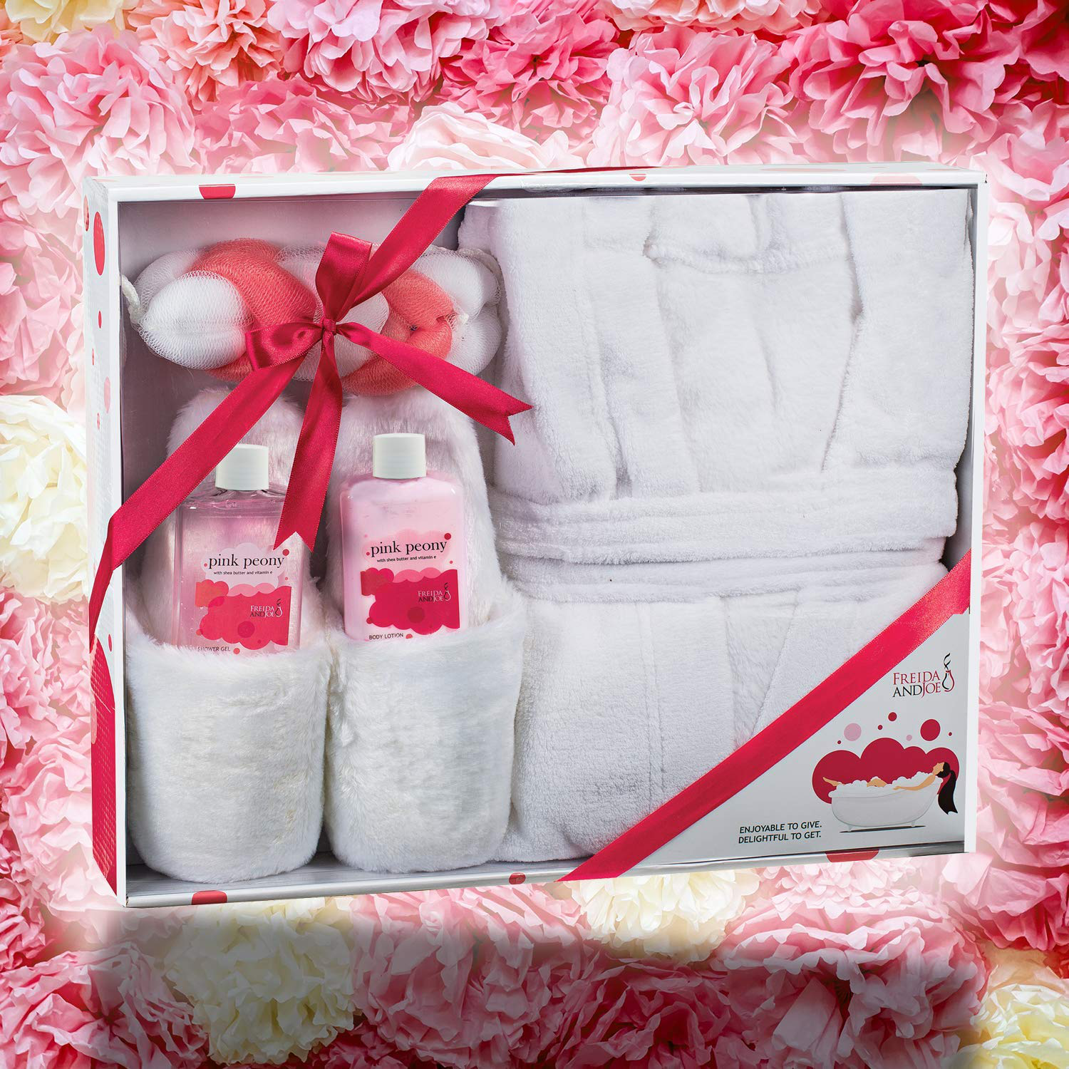 Home Spa Gift Basket Luxury Bathrobe & Slipper Spa Box for Women - Pink Peony Scent - Luxury Bath & Body Set for Women - Body Lotion, Shower Gel, Puff, Ultra Soft Full Length Bathrobe, Plush Slippers Apparel & Accessories > Clothing > Sleepwear & Loungewear > Robes Kylie Max   