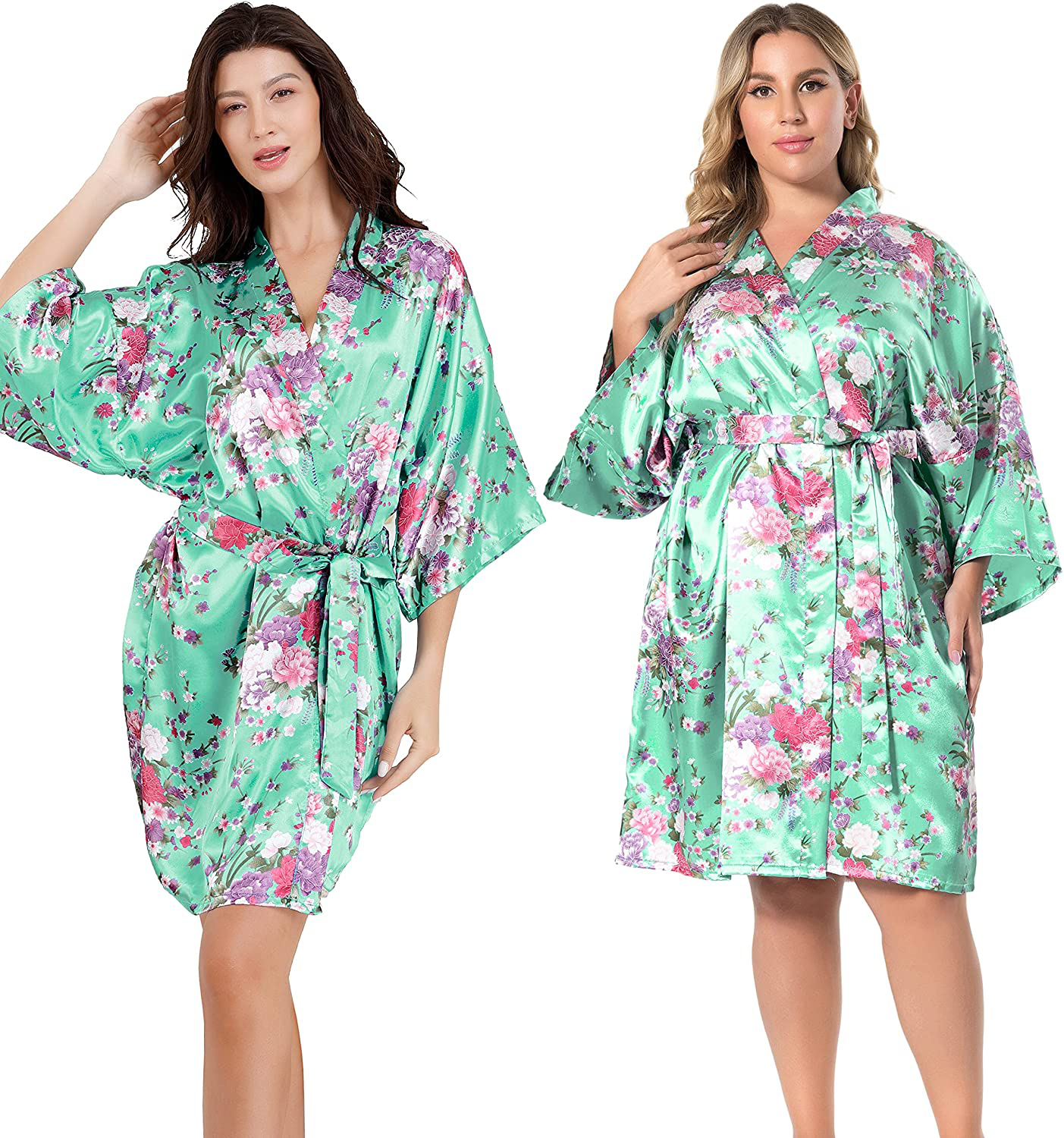 EPLAZA Women Floral Satin Robe Bridal Dressing Gown Wedding Bride Bridesmaid Kimono Sleepwear Apparel & Accessories > Clothing > Sleepwear & Loungewear > Robes EPLAZA Aqua Large-X-Large 