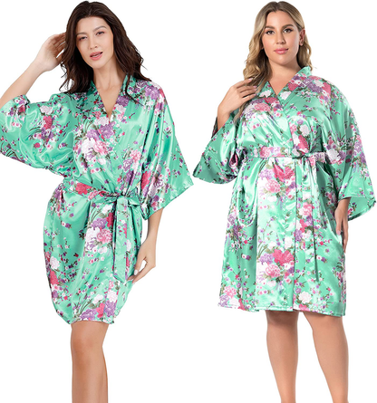 EPLAZA Women Floral Satin Robe Bridal Dressing Gown Wedding Bride Bridesmaid Kimono Sleepwear Apparel & Accessories > Clothing > Sleepwear & Loungewear > Robes EPLAZA Aqua Large-X-Large 
