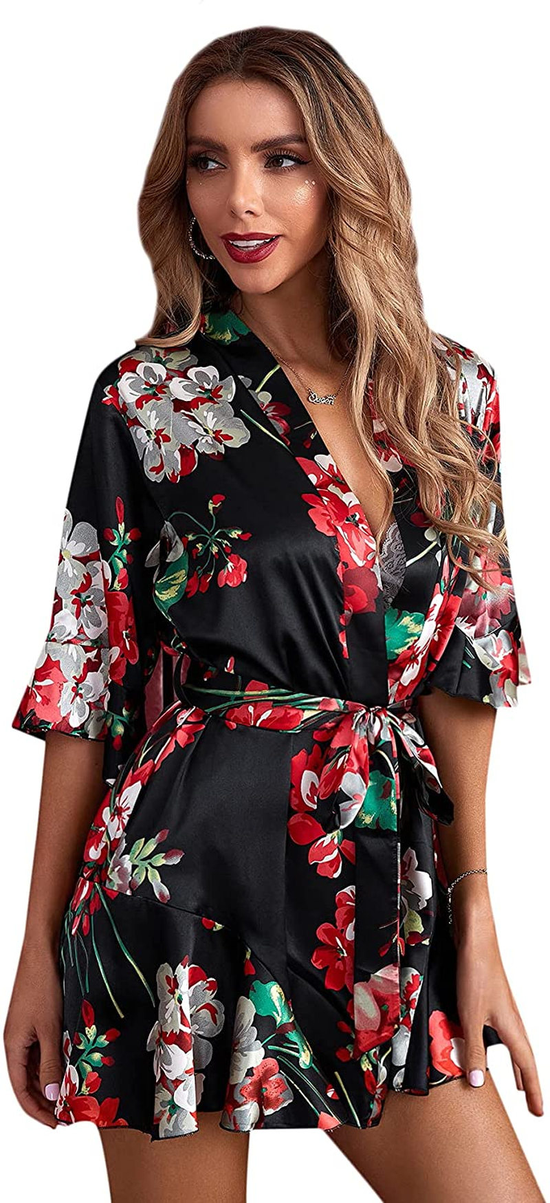 WDIRARA Women'S 4 Pieces Satin Floral Lace Cami Top Lingerie Pajama Set with Robe Apparel & Accessories > Clothing > Underwear & Socks > Lingerie WDIRARA Multicoloured Floral Print Small 