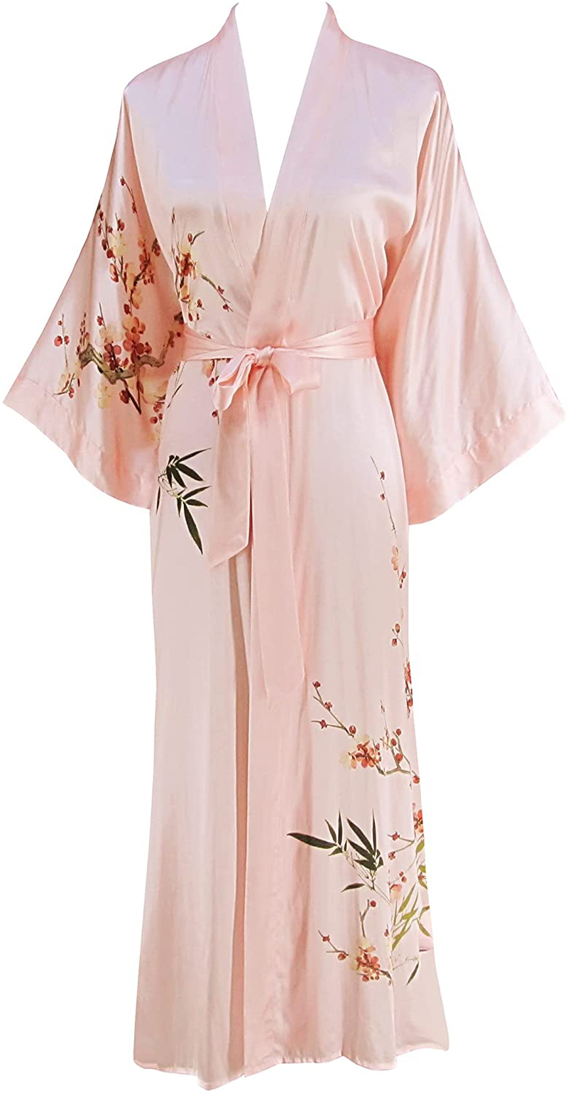 Ledamon Women'S 100% Silk Kimono Long Robe - Classic Colors and Prints Apparel & Accessories > Clothing > Sleepwear & Loungewear > Robes Ledamon Pink  
