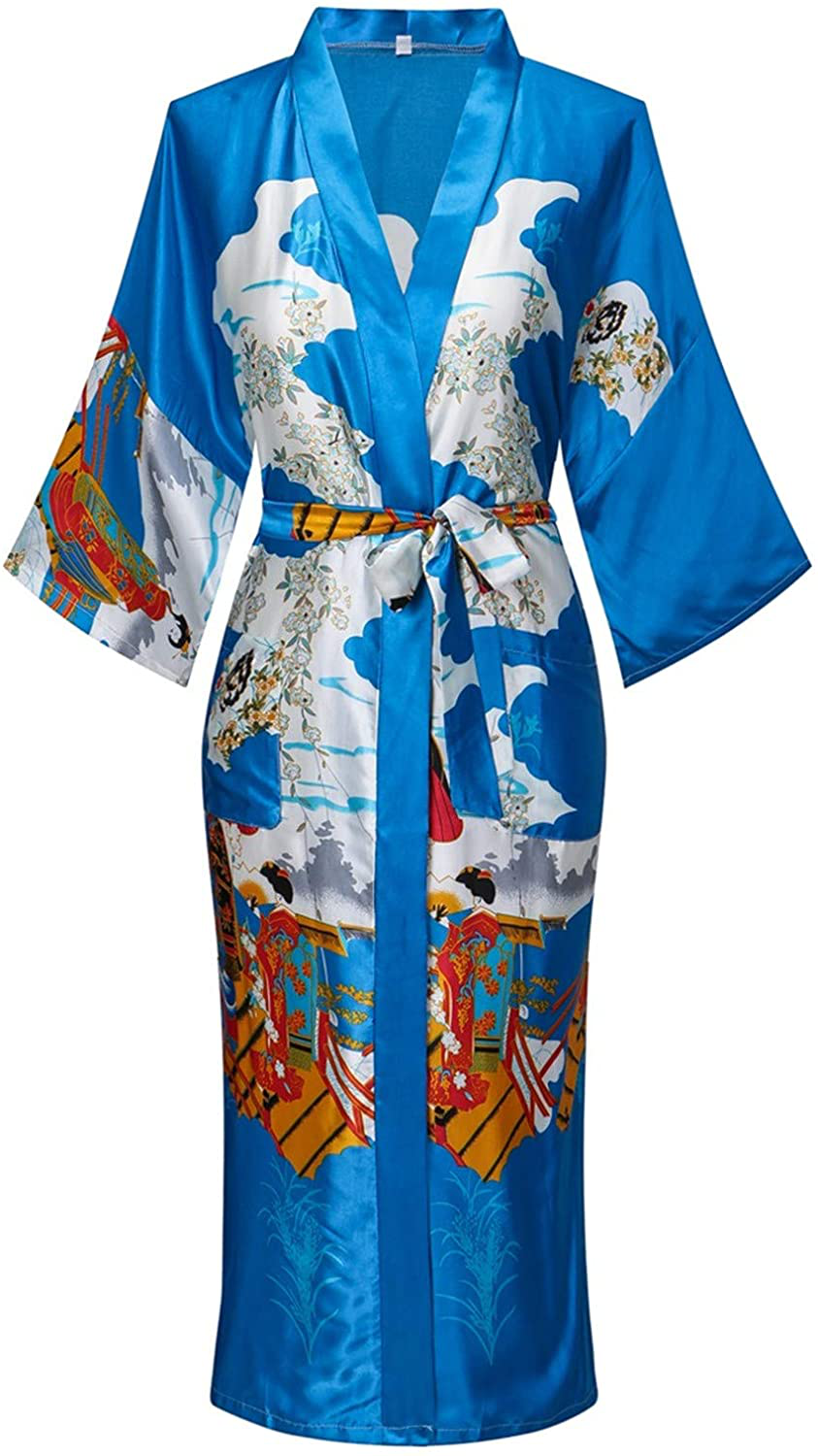 Women'S Floral/Patterned Silky Kimono Robes Long Satin Bathrobes Sleepwear Loungewear Apparel & Accessories > Clothing > Sleepwear & Loungewear > Robes MissNina Blue Large 