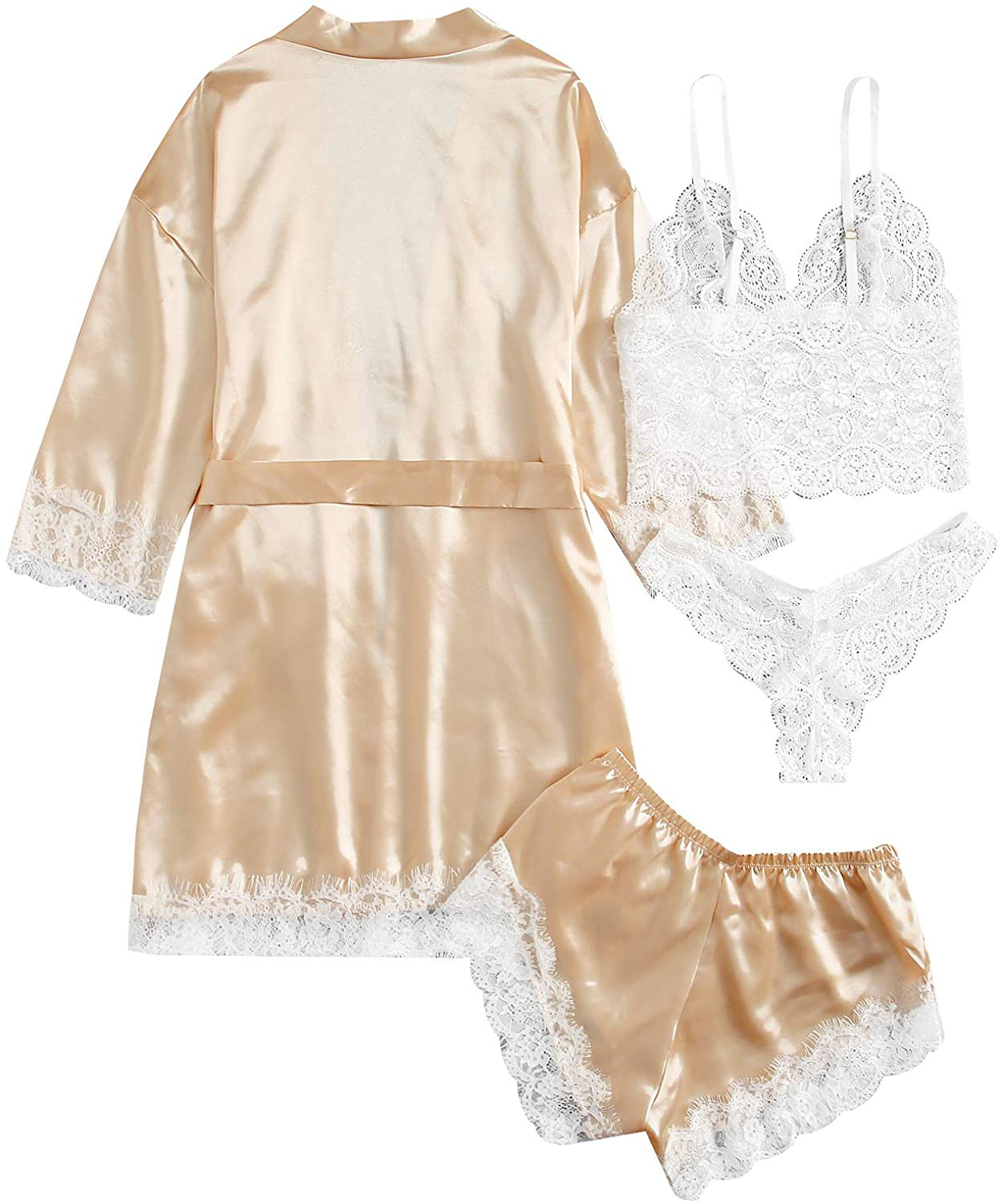 SOLY HUX Women'S Sleepwear 4Pcs Floral Lace Trim Satin Cami Pajama Set with Robe Apparel & Accessories > Clothing > Sleepwear & Loungewear Kylie Max   