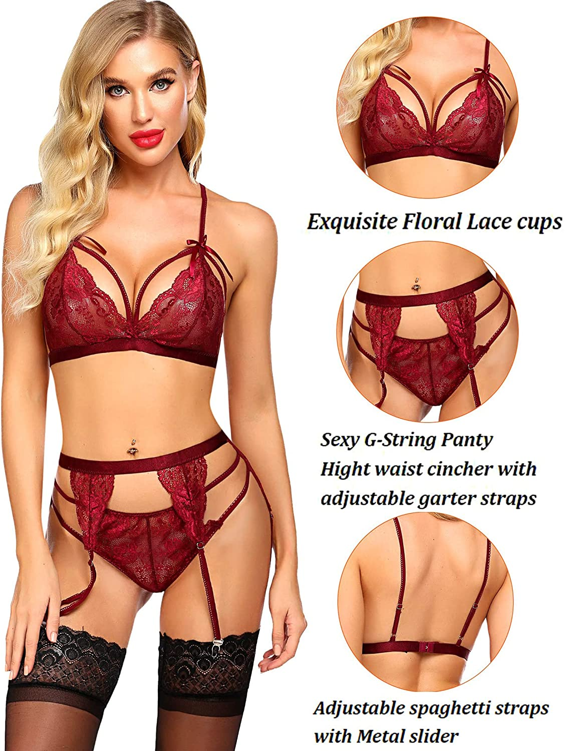 Avidlove Women Lingerie Set Lace Teddy Strap Babydoll Bodysuit with Garter Belts Apparel & Accessories > Clothing > Underwear & Socks > Lingerie Avidlove   