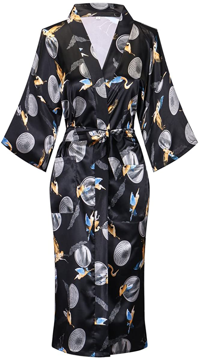 Dandychic Women'S Kimono Robes Lightweight Imitation Silk Sleepwear Long Lightweight Nightgown for Women Apparel & Accessories > Clothing > Sleepwear & Loungewear > Robes DandyChic Crane Small 