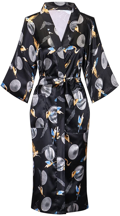 Dandychic Women'S Kimono Robes Lightweight Imitation Silk Sleepwear Long Lightweight Nightgown for Women Apparel & Accessories > Clothing > Sleepwear & Loungewear > Robes DandyChic Crane Small 