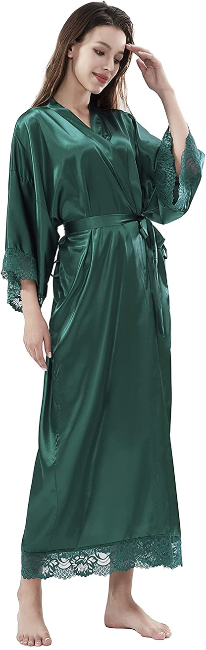 Asvioya Lace Kimono Robe for Women, Silk Robe, Satin Long Robe for Wedding, Night Gown for Ladies Women Bridal Loung Apparel & Accessories > Clothing > Sleepwear & Loungewear > Robes Asvioya Dark Green  