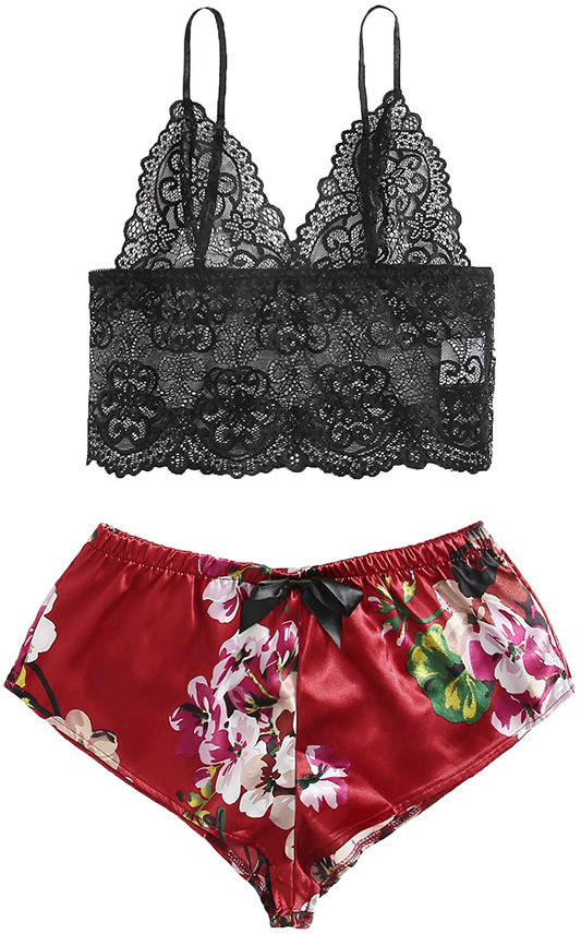 SOLY HUX Women'S Lace Sheer Cami Top with Satin Shorts Pajama Set Sleepwear Apparel & Accessories > Clothing > Sleepwear & Loungewear Kylie Max   