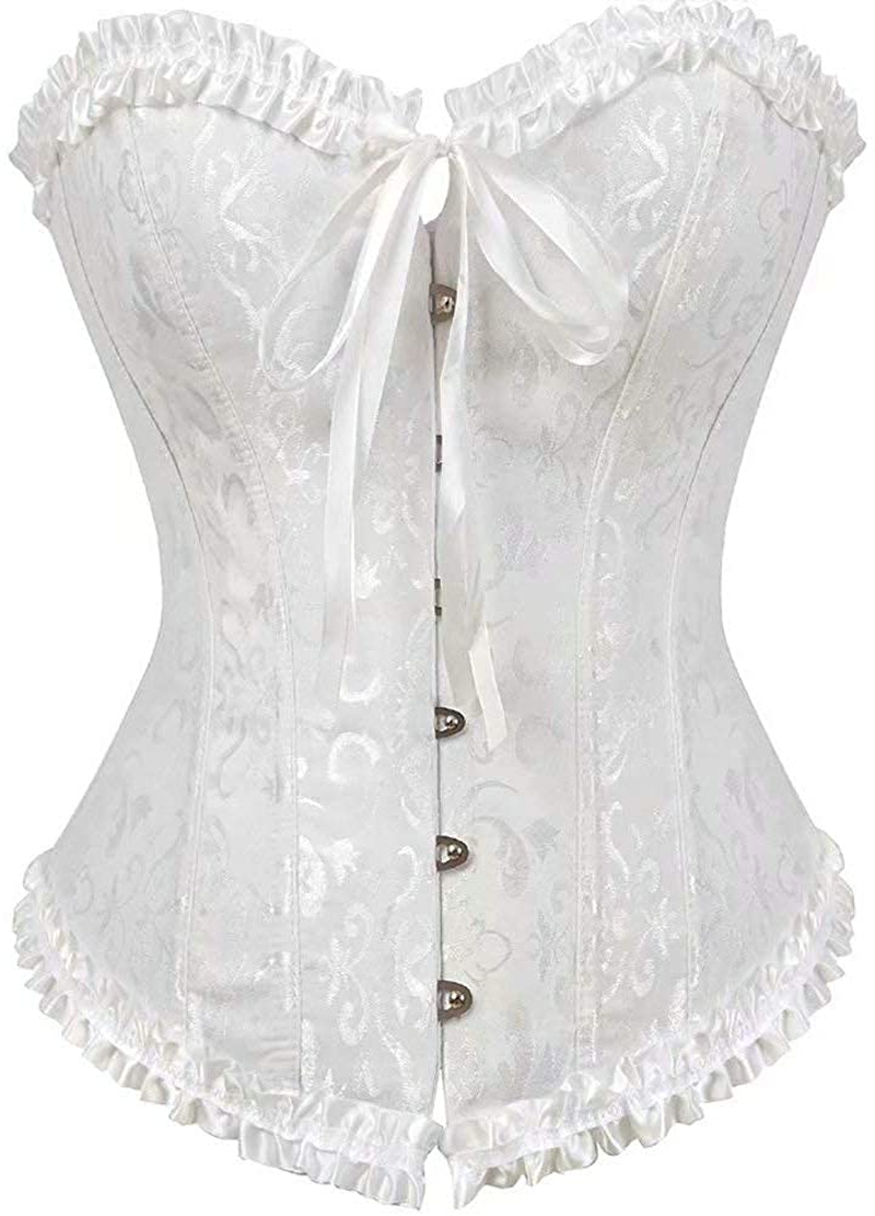 Women'S Lacing Corset Top Satin Floral Boned Overbust Body Shaper Bustier Apparel & Accessories > Clothing > Underwear & Socks > Lingerie SHYMMUO White1 X-Large 