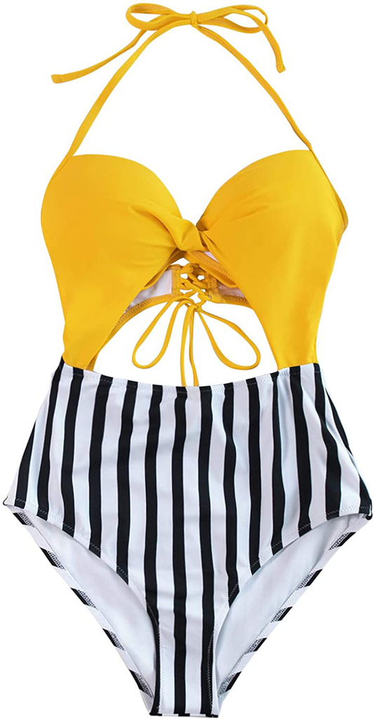 CUPSHE Women'S One Piece Swimsuit Cutout Halter Lace up Twist Bathing Suit Apparel & Accessories > Clothing > Swimwear Kylie Max   