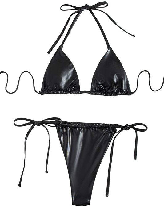 SOLY HUX Women'S Metallic Halter Top Two Piece Swimsuit Tie Side Triangle Bikini  Kylie Max   