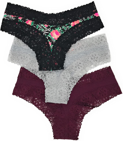 Victoria'S Secret Lace Cheeky Panty Set of 3 Apparel & Accessories > Clothing > Underwear & Socks > Underwear Victoria's Secret Black Logo Floral / Light Gray / Wine Large 