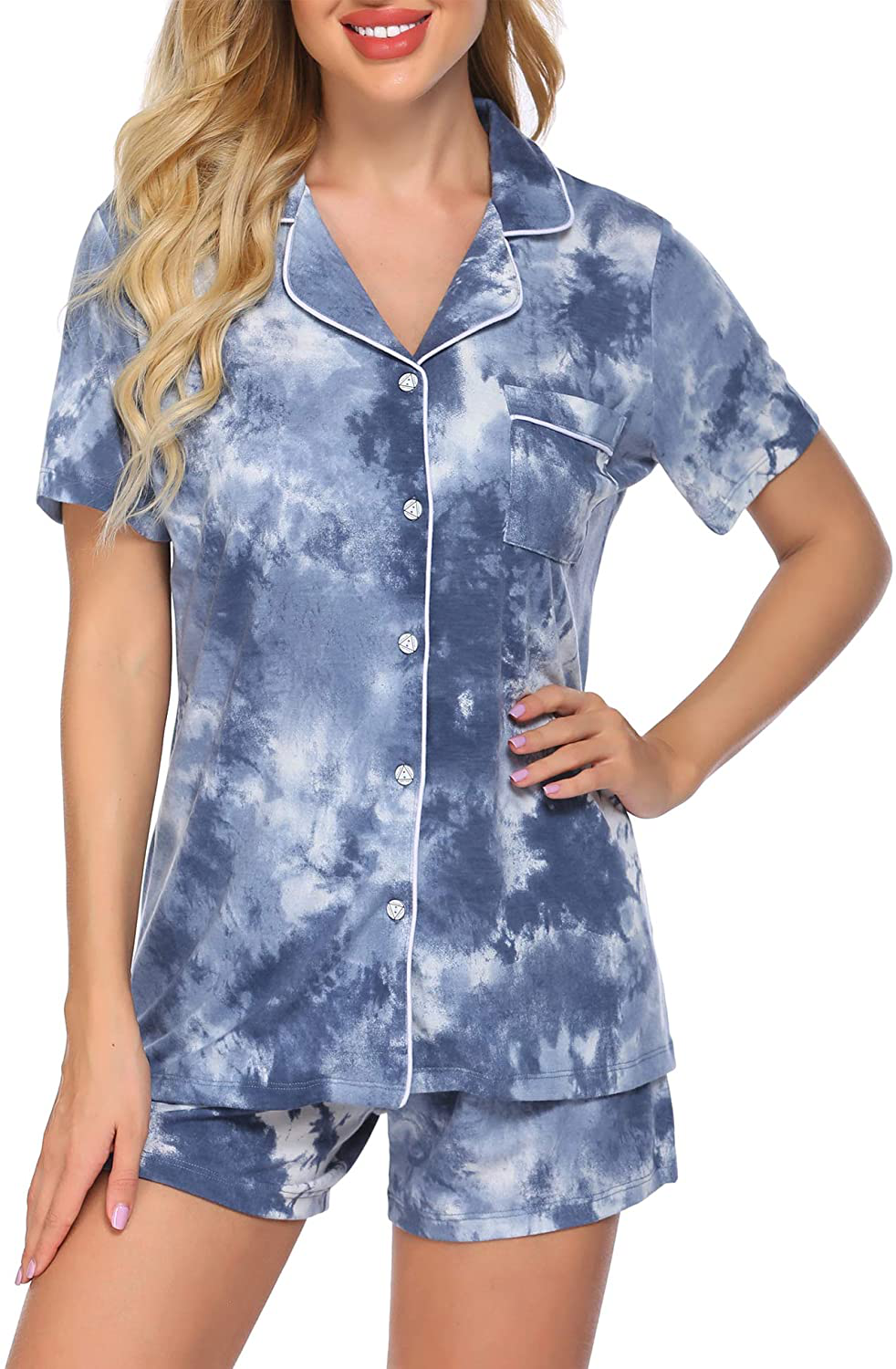Ekouaer Pajamas Set Short Sleeve Sleepwear Womens Button Down Nightwear Soft Pj Lounge Sets XS-XXL Apparel & Accessories > Clothing > Sleepwear & Loungewear > Pajamas Ekouaer Pat4-tie Dye X-Large 