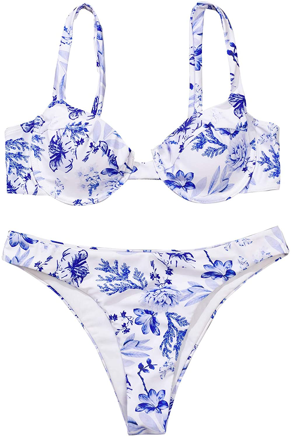 SweatyRocks Women's Sexy Bathing Suits Spaghetti Strap Floral Bikini Set Underwire Swimsuit Apparel & Accessories > Clothing > Swimwear SweatyRocks White Blue Medium 