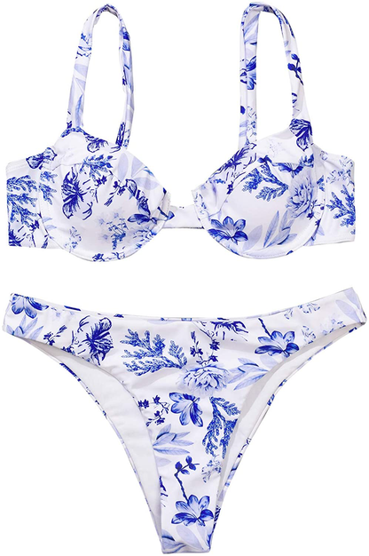 SweatyRocks Women's Sexy Bathing Suits Spaghetti Strap Floral Bikini Set Underwire Swimsuit Apparel & Accessories > Clothing > Swimwear SweatyRocks White Blue Medium 