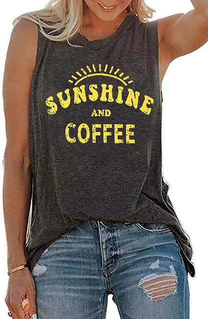 Umsuhu Sunshine and Coffee Tank Casual Summer Graphic Tank Tops for Women Sleeveless Graphic Tank Tops Tee Shirts Apparel & Accessories > Clothing > Activewear Kylie Max   