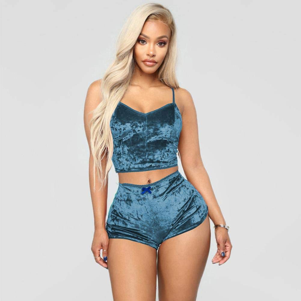 Women Sexy Velvet 2 Piece Outfit Spaghetti Strap Leopard Tie Dye Cami Crop Top + Shorts Bottom Sleepwear Pajama Set Nightwear Apparel & Accessories > Clothing > Sleepwear & Loungewear Kylie Max   
