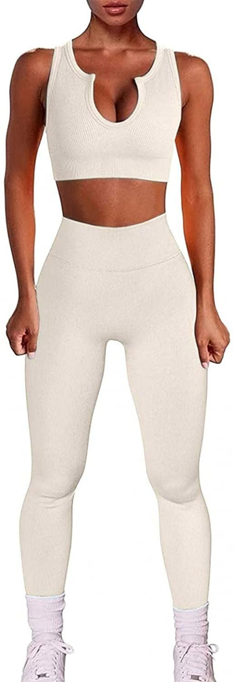 Burband Womens Solid Color 2 Piece Tracksuit High Waist Leggings Sport Bra Yoga Seamless Texture Bodysuit Workout Outfits Apparel & Accessories > Clothing > Underwear & Socks > Shapewear Burband   