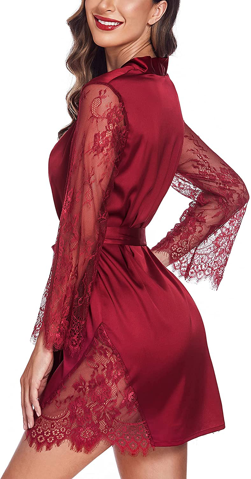 Avidlove Satin Kimono Robes for Women Sexy Silk Nightgowns Lace Sleeve Babydoll Lingerie Set Apparel & Accessories > Clothing > Sleepwear & Loungewear > Robes Avidlove   