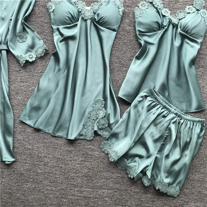 SAPJON Women'S 4Pcs Silk Satin Pajama Set Sexy Cami Top Nightgown Lace Sleepwear Robe Sets Nightdress with Chest Pads Apparel & Accessories > Clothing > Sleepwear & Loungewear Kylie Max   
