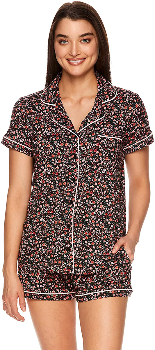 Nanette Lepore Womens Button Down Pajama Shirt and Elastic Waist Shorts Bridesmaid PJ Lounge Set Apparel & Accessories > Clothing > Sleepwear & Loungewear > Pajamas Nanette Lepore Black Large 