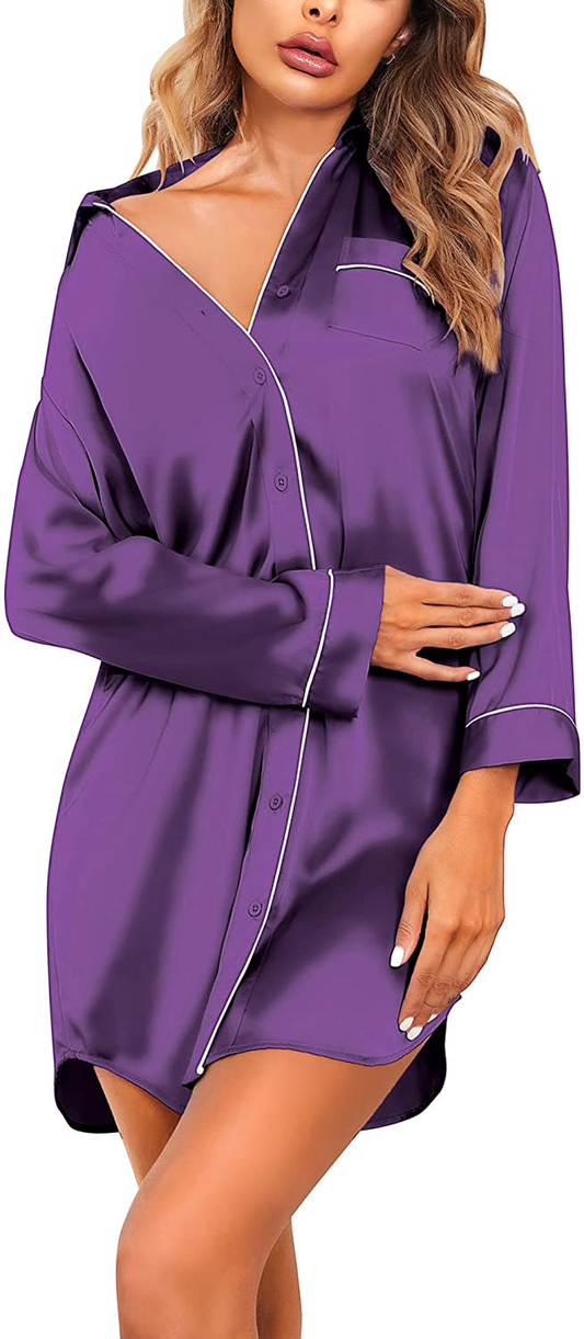 Ekouaer Women'S Long Sleeve Satin Sleepshirt Button down Nightgowns Silk Nightshirt Pajama Top Sleepwear S-XXL Apparel & Accessories > Clothing > Sleepwear & Loungewear > Nightgowns Kylie Max   