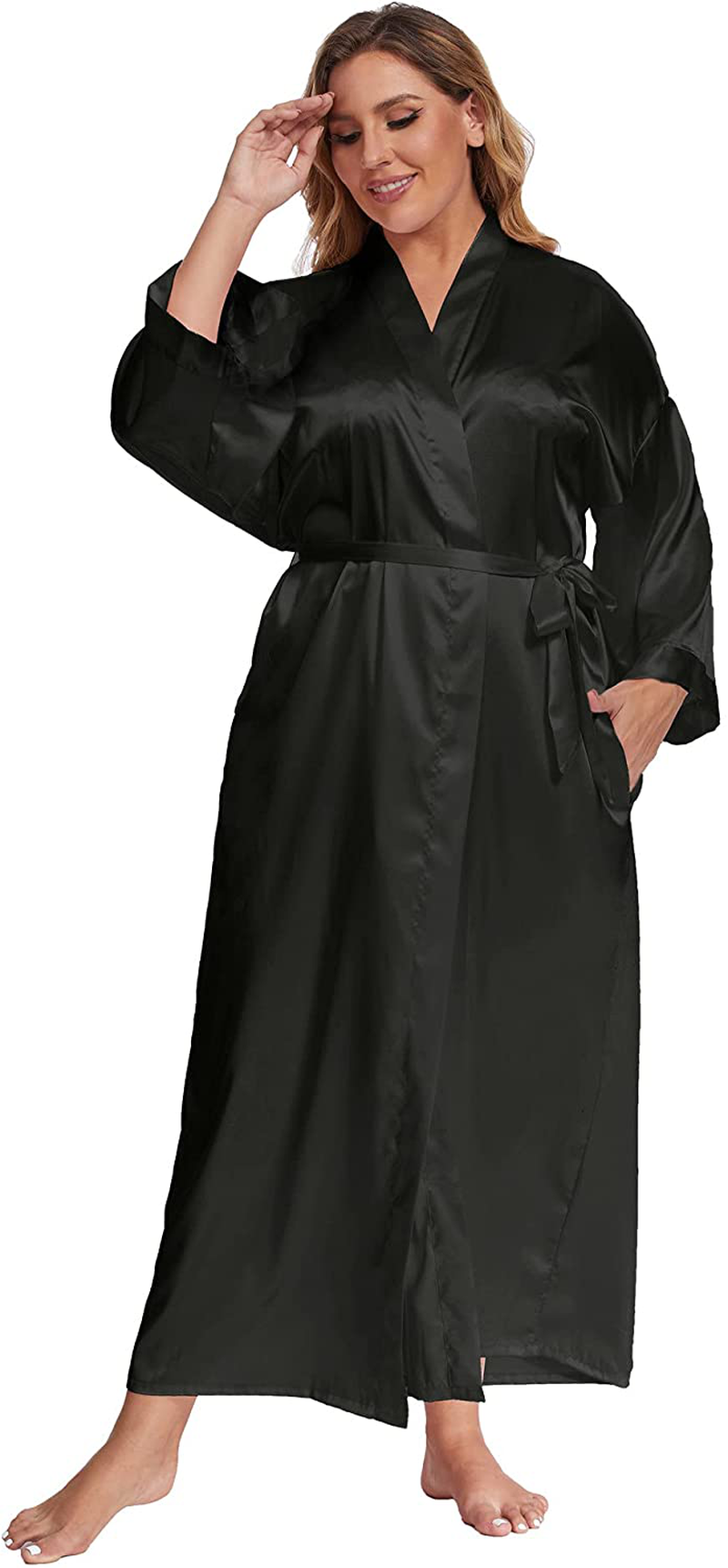 Feslieacc Women'S plus Size Long Satin Robes plus Size Long Silk Robes Kimonos Sleepwear Dressing Gown Apparel & Accessories > Clothing > Sleepwear & Loungewear > Robes feslieacc Black Large-X-Large Plus 