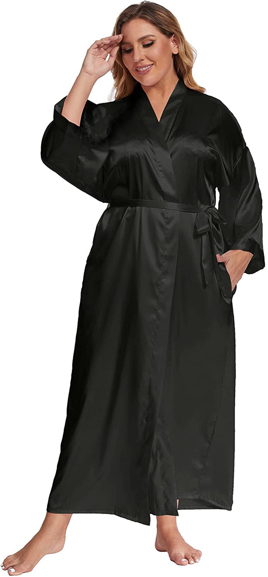 Feslieacc Women'S plus Size Long Satin Robes plus Size Long Silk Robes Kimonos Sleepwear Dressing Gown Apparel & Accessories > Clothing > Sleepwear & Loungewear > Robes feslieacc Black Large-X-Large Plus 