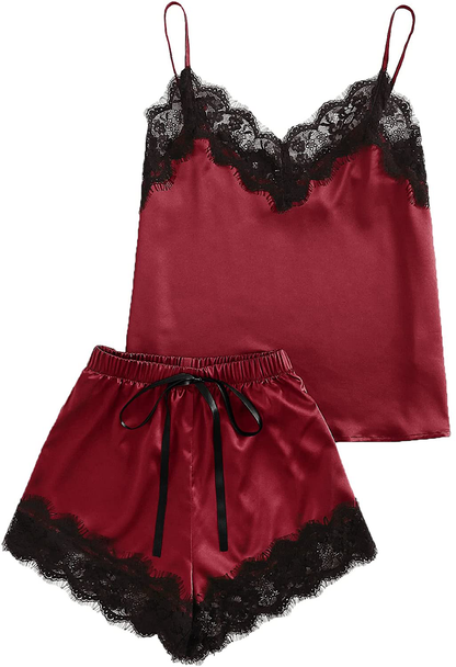 Makemechic Women'S Lace Satin Sleepwear Cami Top and Shorts Pajama Set Apparel & Accessories > Clothing > Sleepwear & Loungewear Kylie Max   