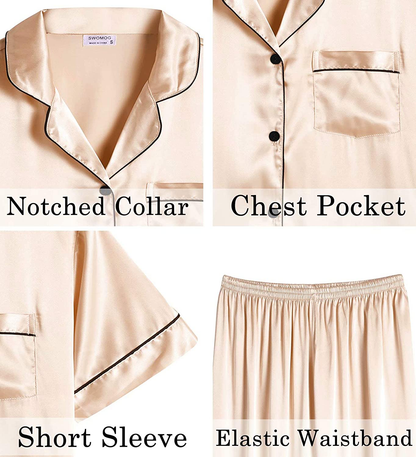 Lecgee Womens Silk Satin Pajamas Short Sleeve Loungewear Two-Piece Sleepwear Button-Down Pj Set Apparel & Accessories > Clothing > Sleepwear & Loungewear > Pajamas Kylie Max   