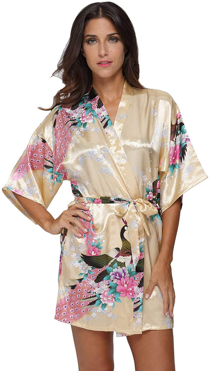 Original Kimono Women'S Short Satin Kimono Robe Floral Peacock Patterned Bathrobe Silky Bridal Nightwear Apparel & Accessories > Clothing > Sleepwear & Loungewear > Robes Original Kimono Yellow X-Large 