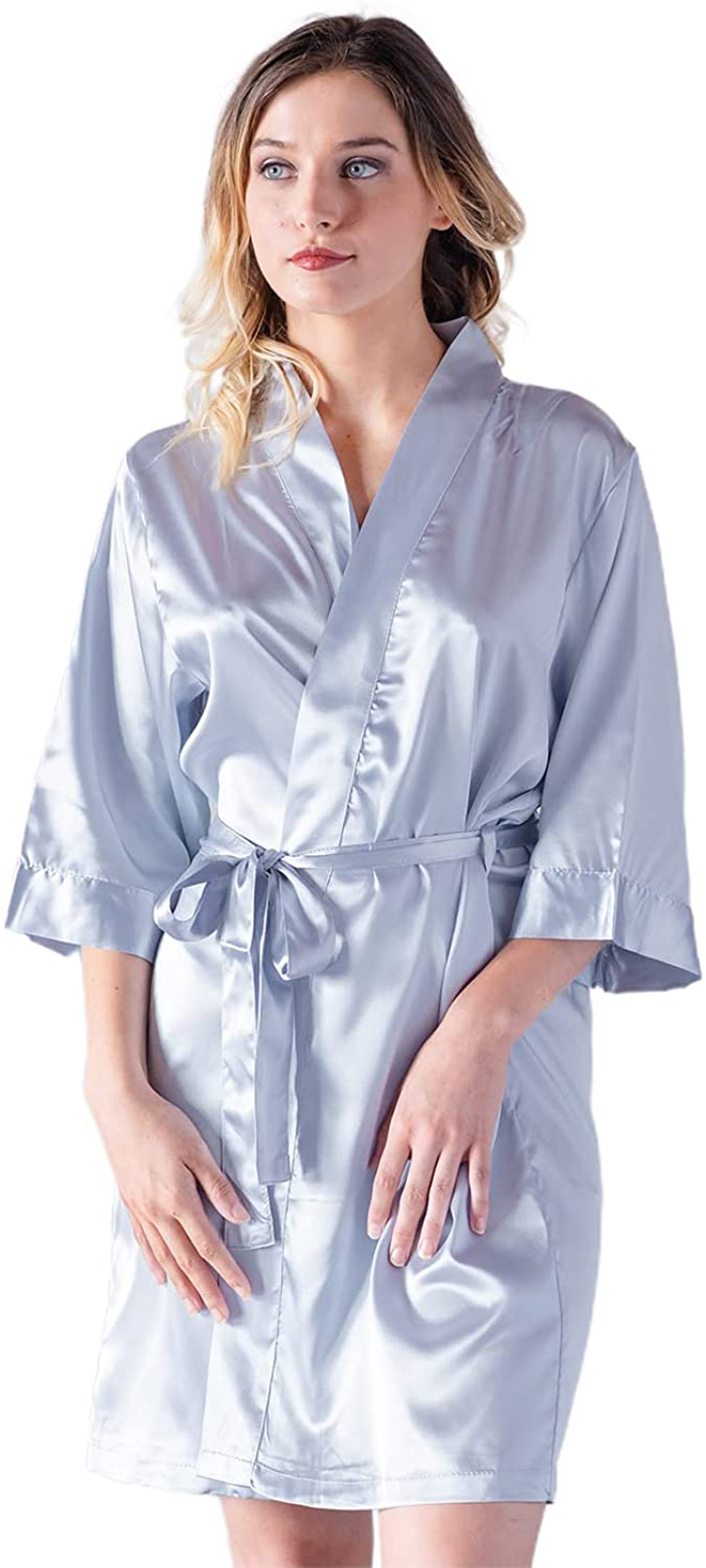 Pretty Robes Silk Satin Robes for Women Short Kimono Robe for Brides and Bridesmaids Wedding and Bridal Party Loungewear Apparel & Accessories > Clothing > Sleepwear & Loungewear > Robes Pretty Robes Silver 1X-2X 