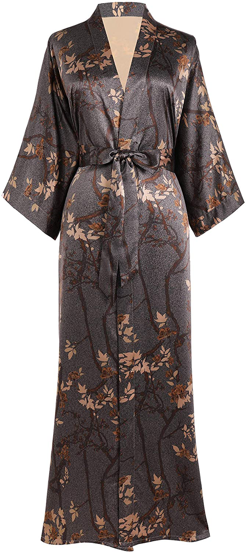 PRODESIGN Long Kimono Robe Satin Sleepwear Gradient Watercolor Silky Kimono Nightgown Bathrobe Kimono Blouse Cardigan Apparel & Accessories > Clothing > Sleepwear & Loungewear > Robes KYLIE MAX Autumn Floral - Mustard  
