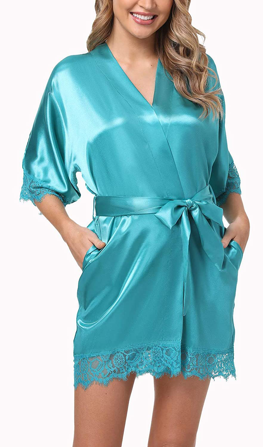 Old-Times Women Satin Short Robes for Bridesmaid Bride Sexy Nightgown Lace Trim Lightweight Bathrobe Apparel & Accessories > Clothing > Sleepwear & Loungewear > Robes Old-Times   