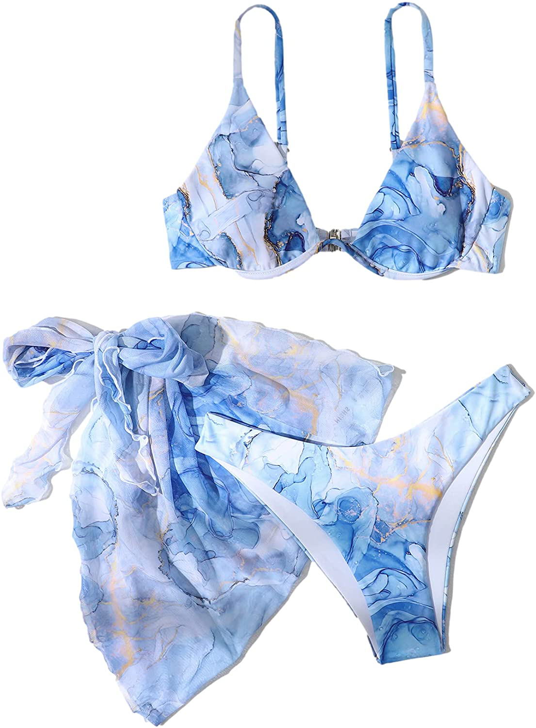 SheIn Women's 3 Piece Tie Dye Underwire Bikini Set Swimsuit and Cover Up Beach Skirt Apparel & Accessories > Clothing > Swimwear SheIn   