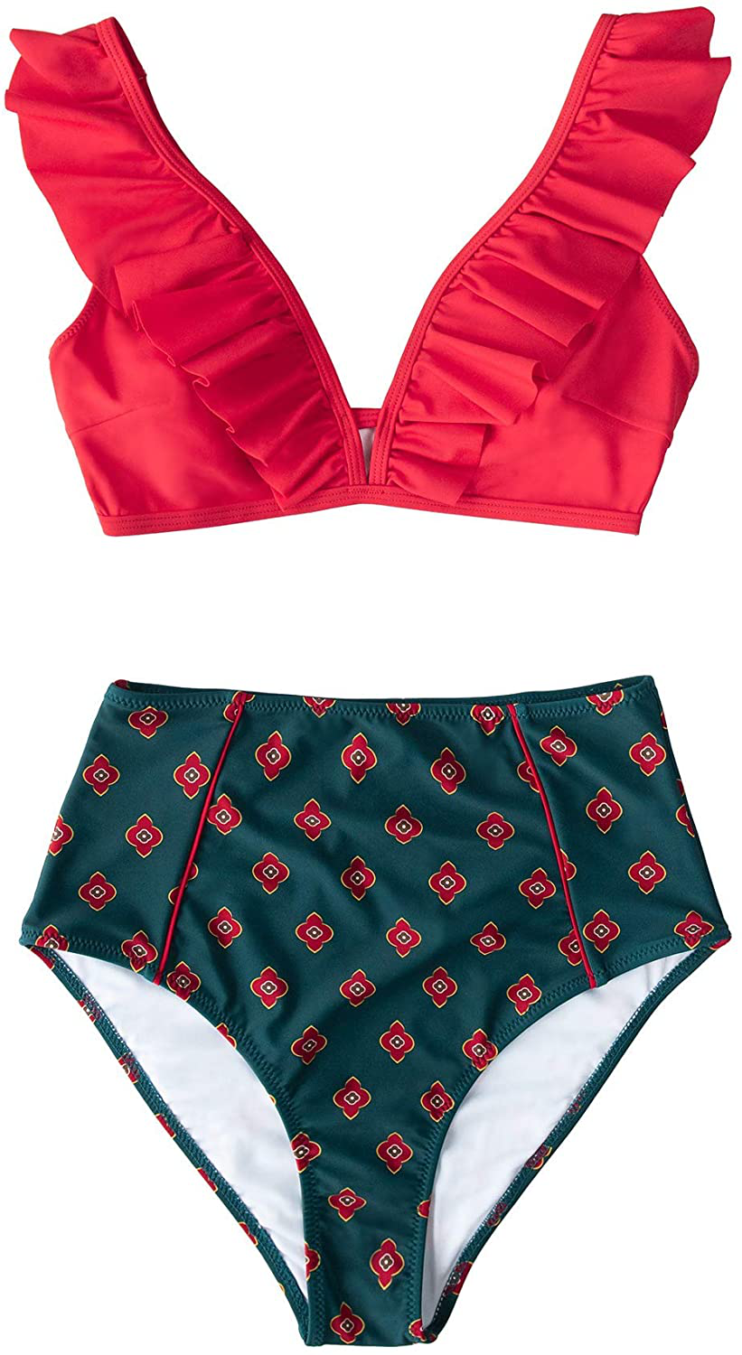 CUPSHE Women's High Waist Bikini Swimsuit Ruffle Floral Print Two Piece Bathing Suit Apparel & Accessories > Clothing > Swimwear KYLIE MAX   