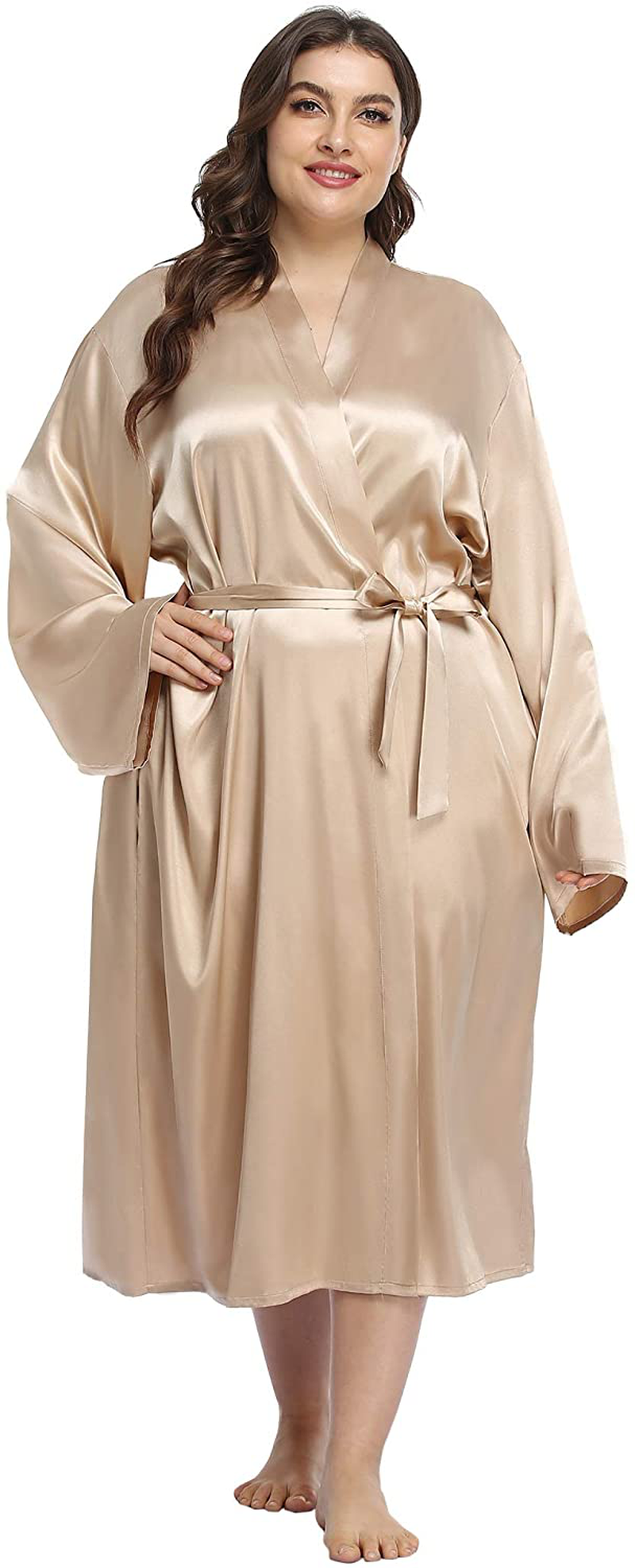 Ifigure Women'S plus Size Satin Robe Long Bathrobes Dressing Gown Soft Sleepwear Apparel & Accessories > Clothing > Sleepwear & Loungewear > Robes iFigure   