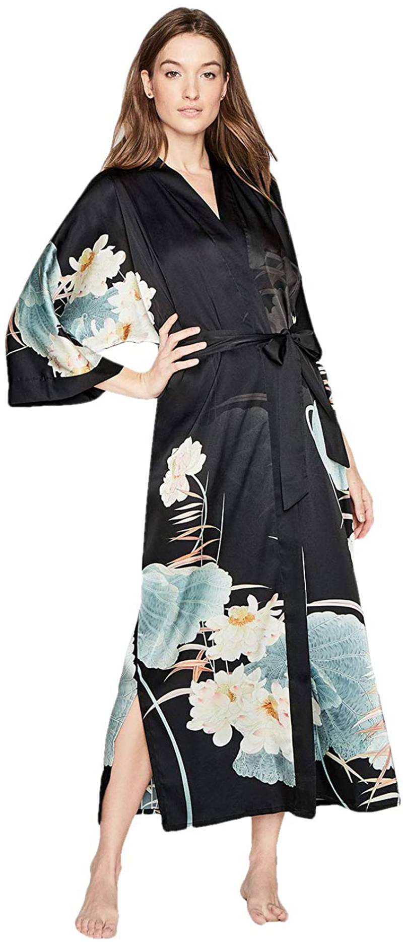 KIM+ONO Women'S Charmeuse Kimono Robe Long - Watercolor Floral Apparel & Accessories > Clothing > Sleepwear & Loungewear > Robes KIM+ONO Maren - Black  