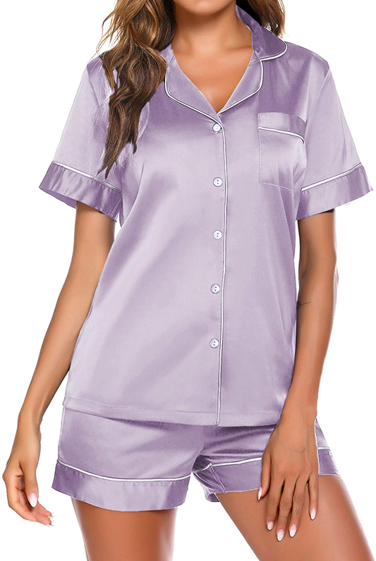 Ekouaer Satin Pajamas Women'S Short Sleeve Sleepwear Soft Silk Button down Loungewear Pjs Shorts Set S-XXL Apparel & Accessories > Clothing > Sleepwear & Loungewear Kylie Max   