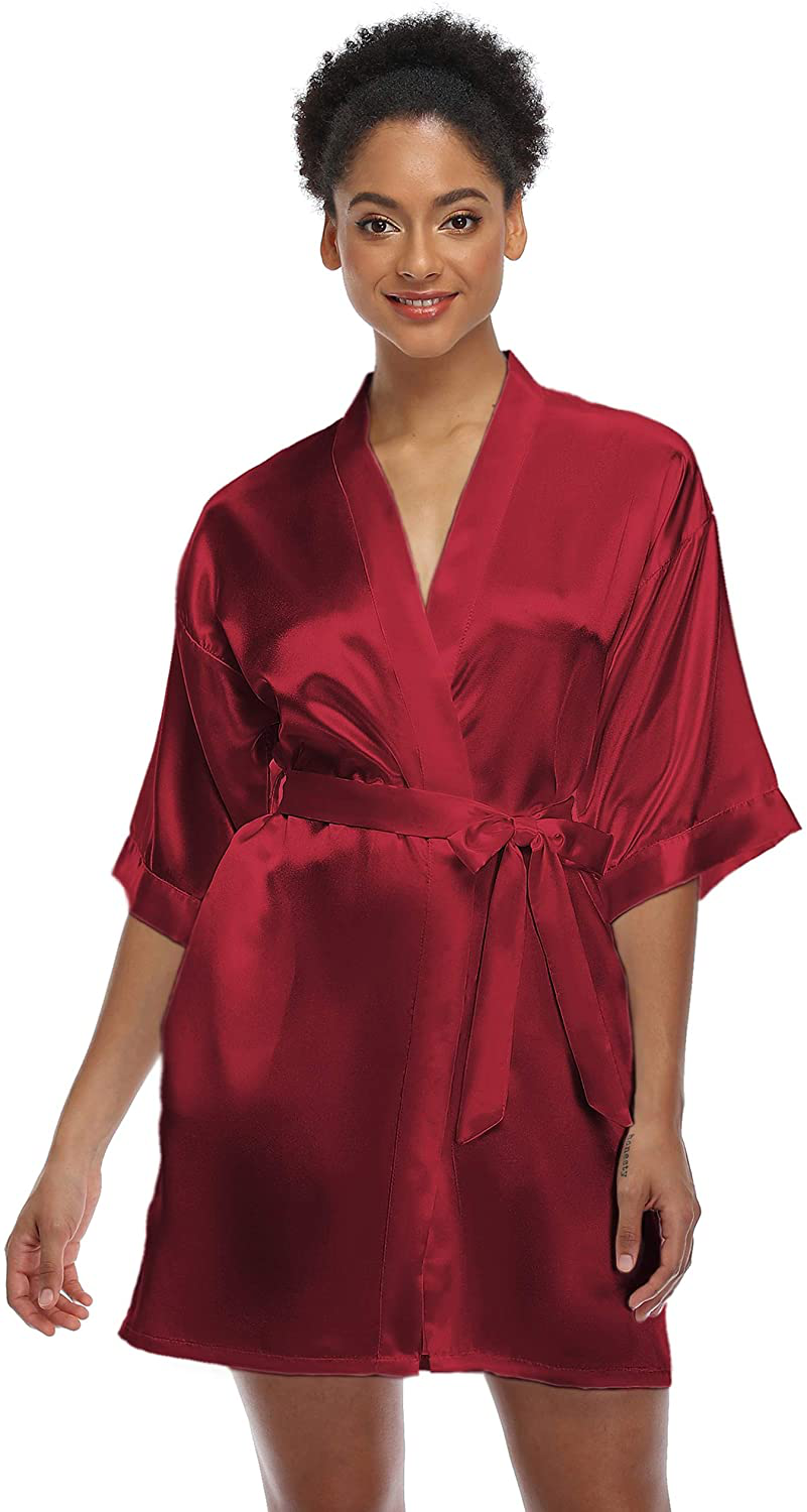 SUGAR JAN Women'S Short Satin Kimono Robes for Bride and Bridesmaids Silky Pure Color Bathrobe with Pockets Apparel & Accessories > Clothing > Sleepwear & Loungewear > Robes SUGAR JAN Wine XX-Large 